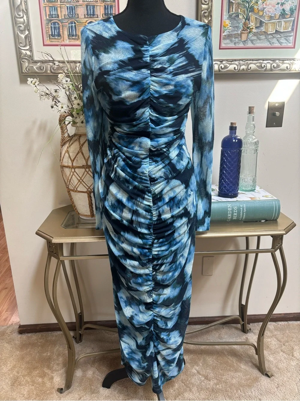Abercrombie & Fitch Blue Ruched Sheer Long-Sleeve Mesh Bodycon Maxi Dress Size L